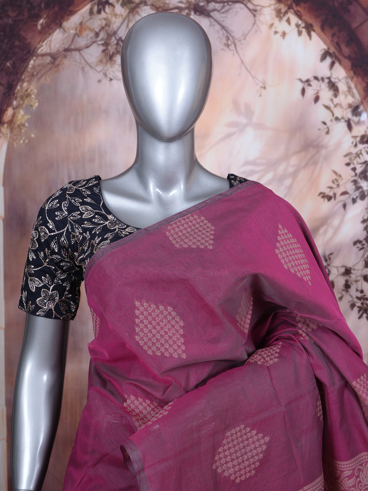 Wine and Rose Gold Silk Cotton Saree
