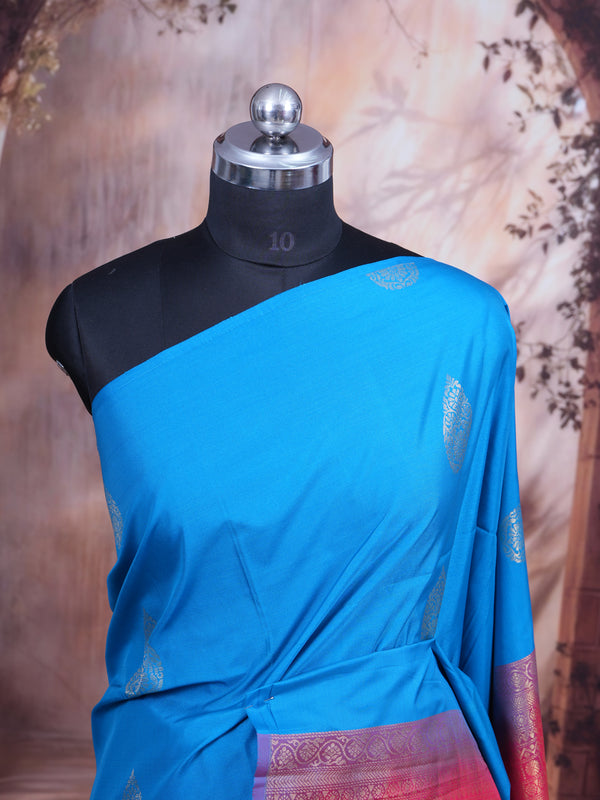 Sky Blue With Pink  Semi Silk Saree