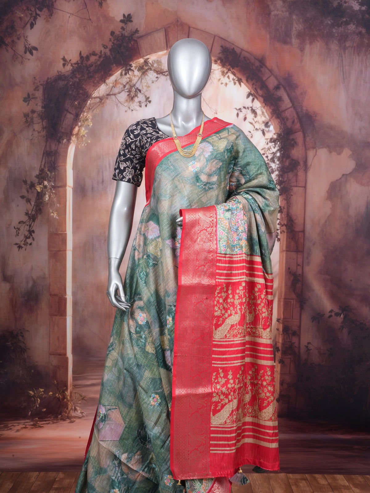 Olive Green with Red Pallu - Semi Raw Silk Saree