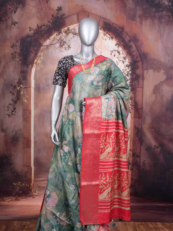 Olive Green with Red Pallu - Semi Raw Silk Saree