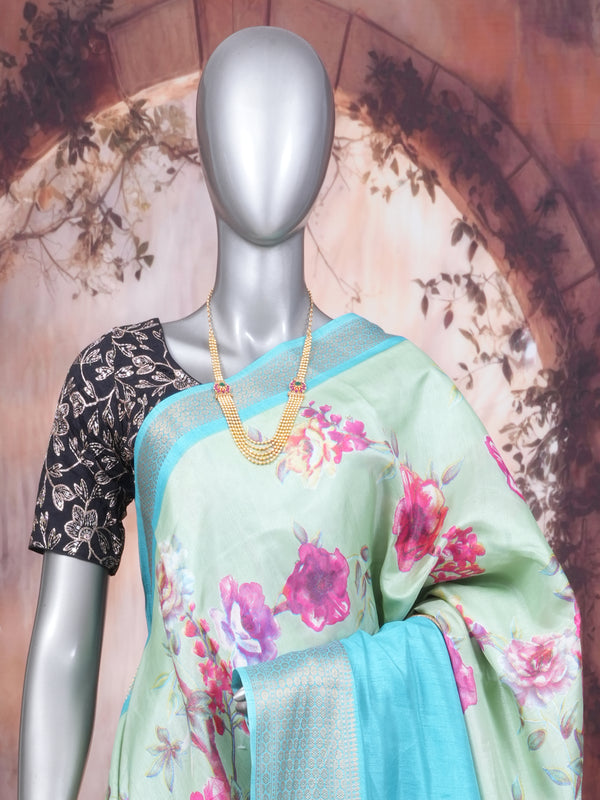 Mint Green with Sky Blue - Semi Raw Silk Saree