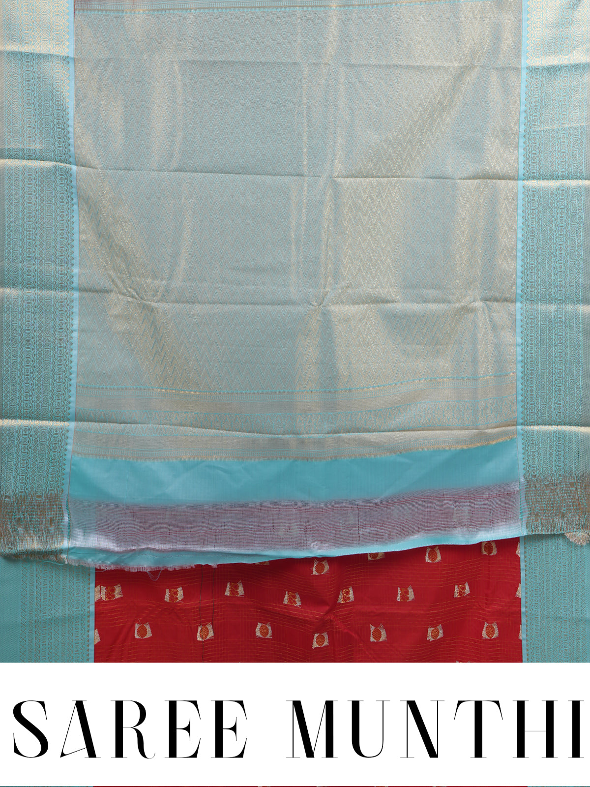 Red Saree with Sky Blue Kanchipuram Fancy Silk Saree
