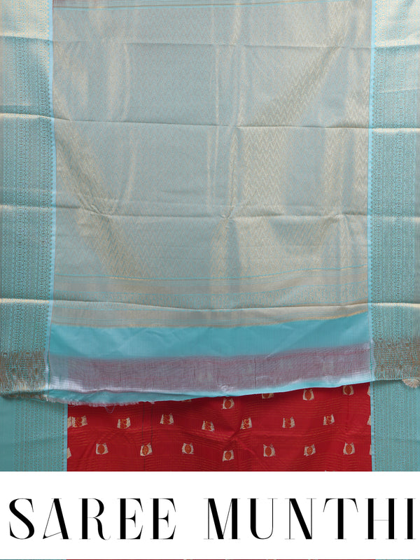 Red Saree with Sky Blue Kanchipuram Fancy Silk Saree