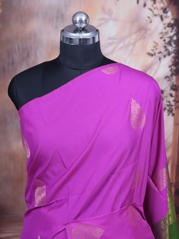 Orchid Pink With Green  Semi Silk Saree
