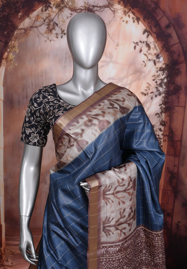 Steel Blue with Beige Kalamkari Munthi Dola Silk Saree
