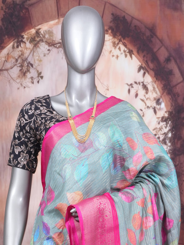Sea Green with Rani Pink - Semi Raw Silk Saree