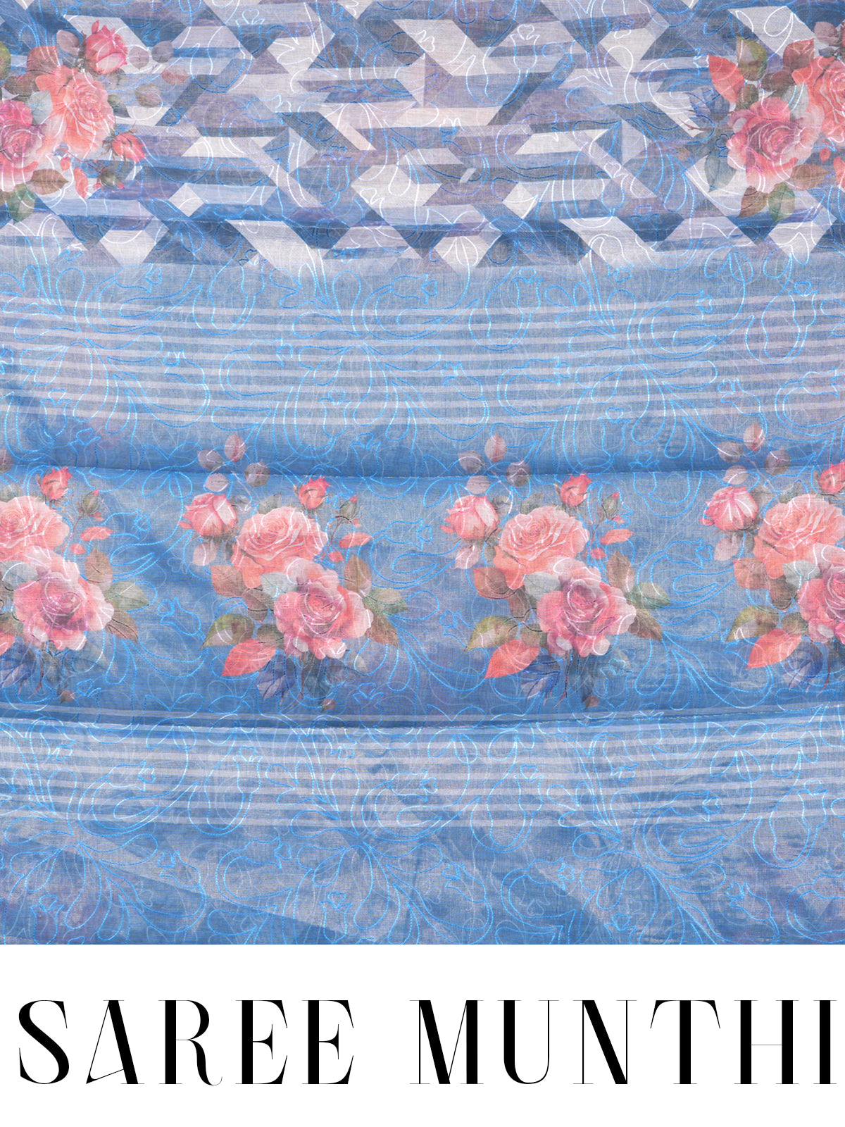 Steel Blue with Pink Floral - Linen Cotton Saree