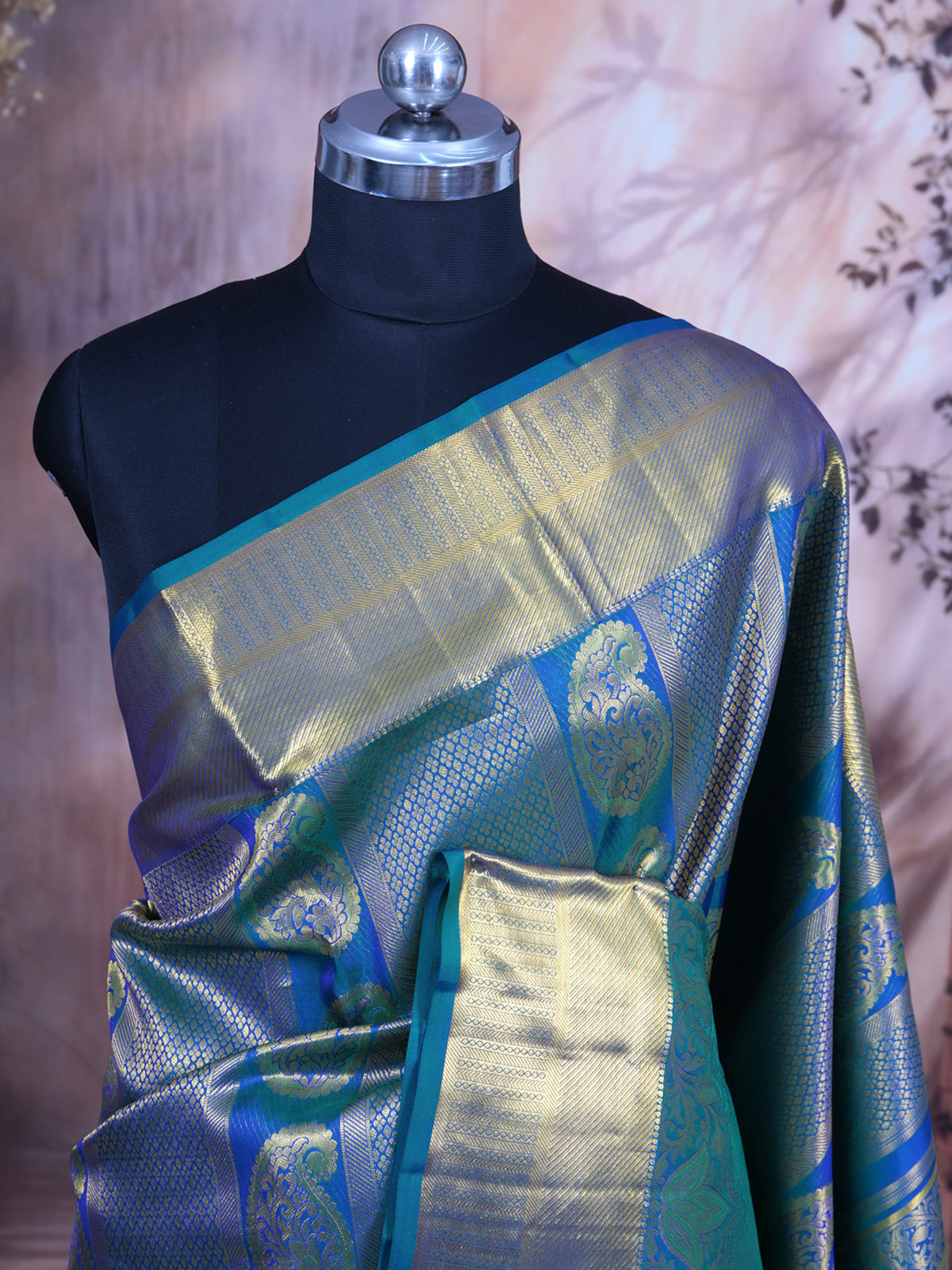 Peacock Blue and Rama Green Kanchipuram Silk Saree