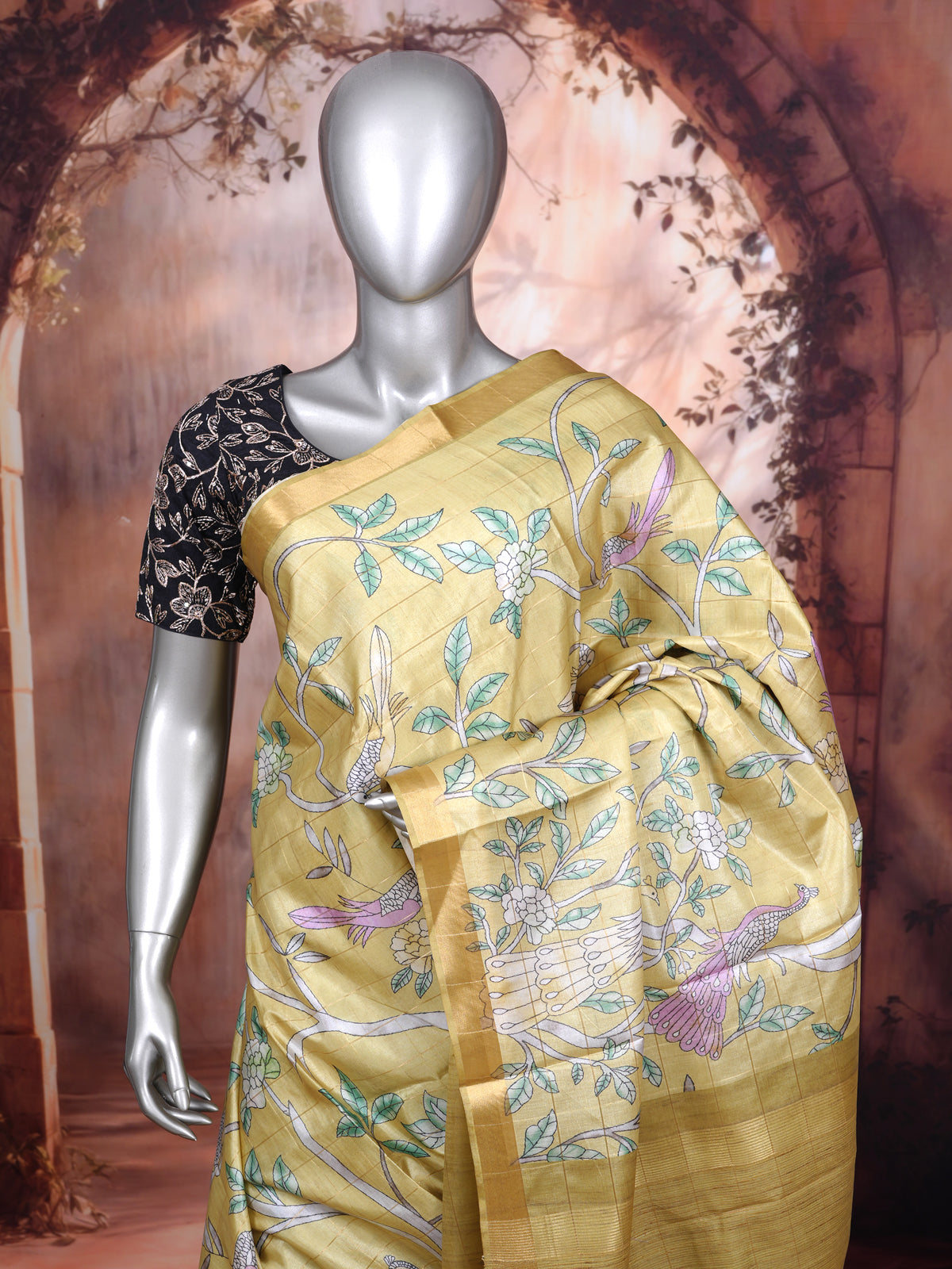 Olive Mustard and Golden Zari with Antique Gold Munthi Dola Silk Saree