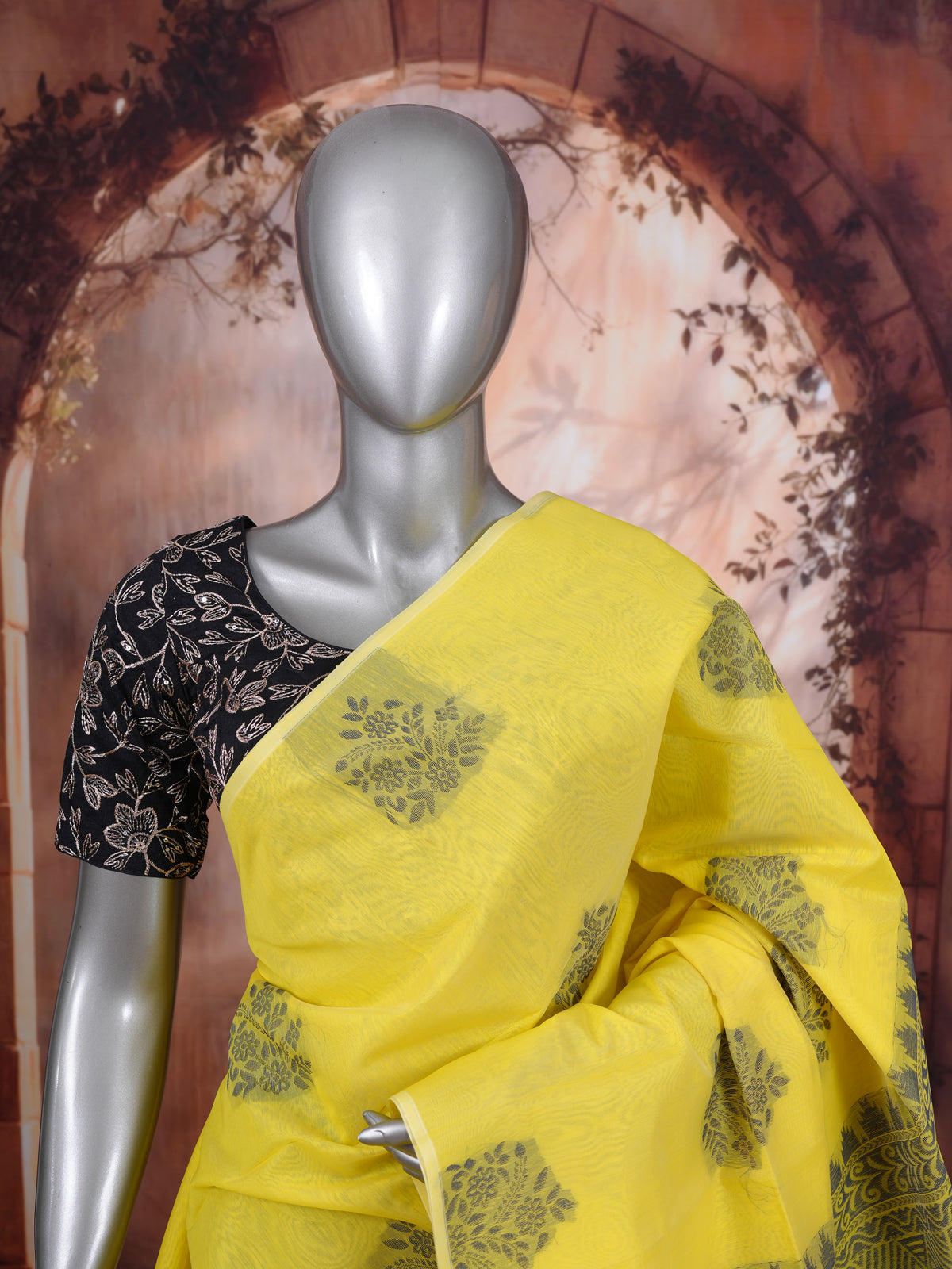 Yellow with Grey Munthi Silk Cotton Saree