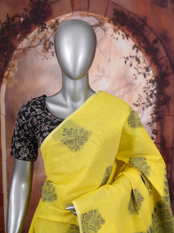 Yellow with Grey Munthi Silk Cotton Saree