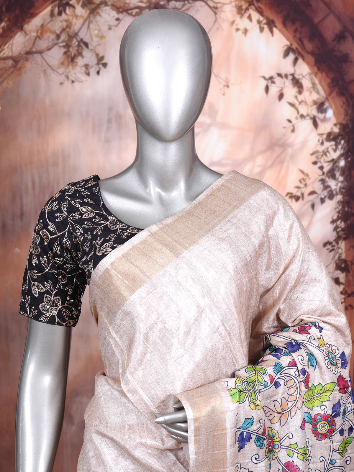 Silver Grey Dola Silk Saree with Multicolour Munthi & Floral Art