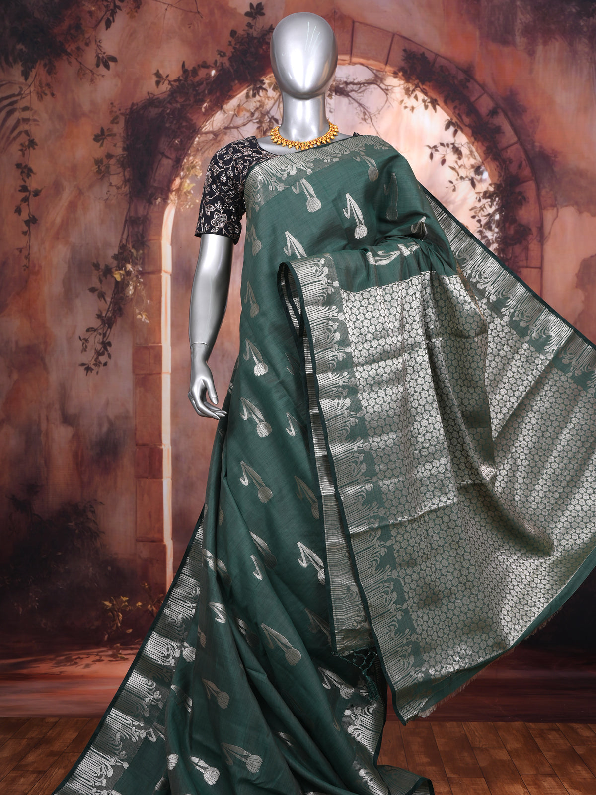 Bottle Green with Silver - Semi Tussar Saree