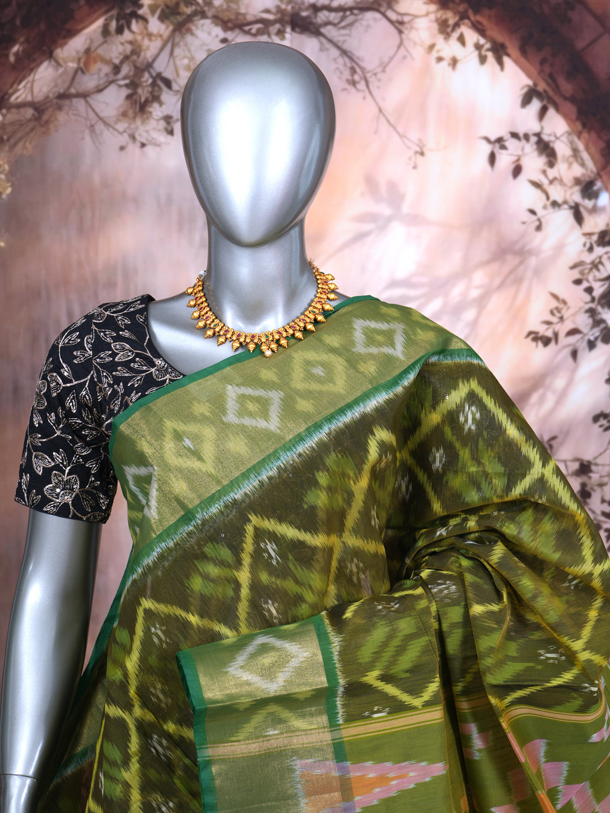 Olive Green with Light Green - Pochampalli Cotton Saree