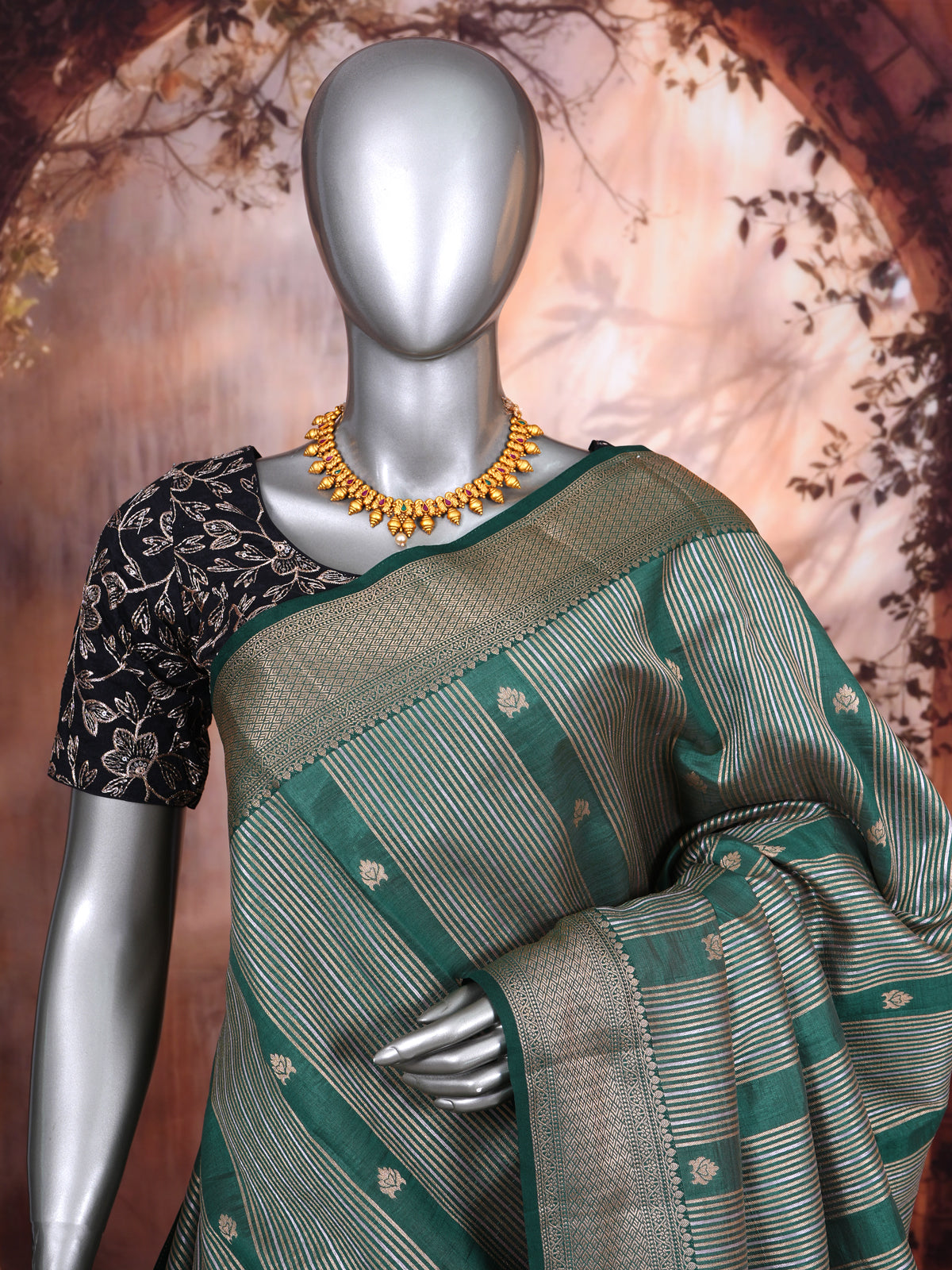 Emerald Green with Antique Gold - Semi Tussar Saree