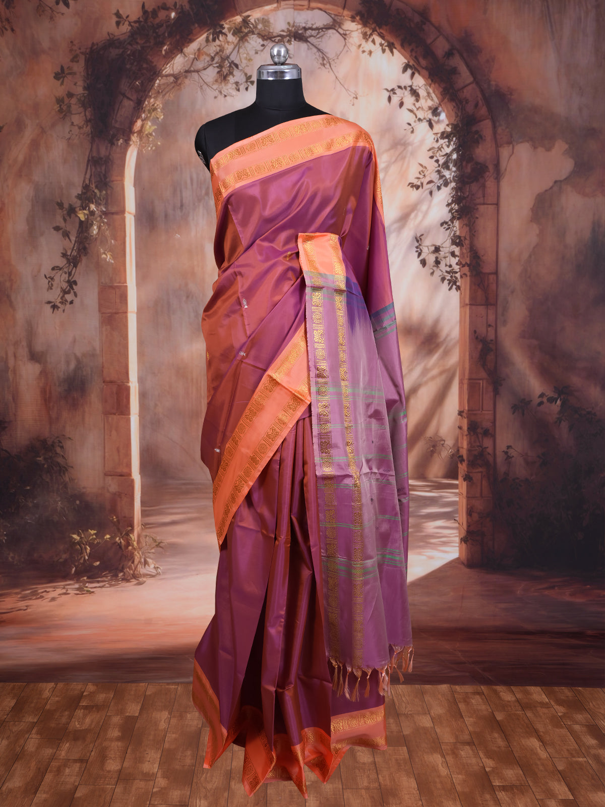 Onion Pink With Orange Semi Silk Saree