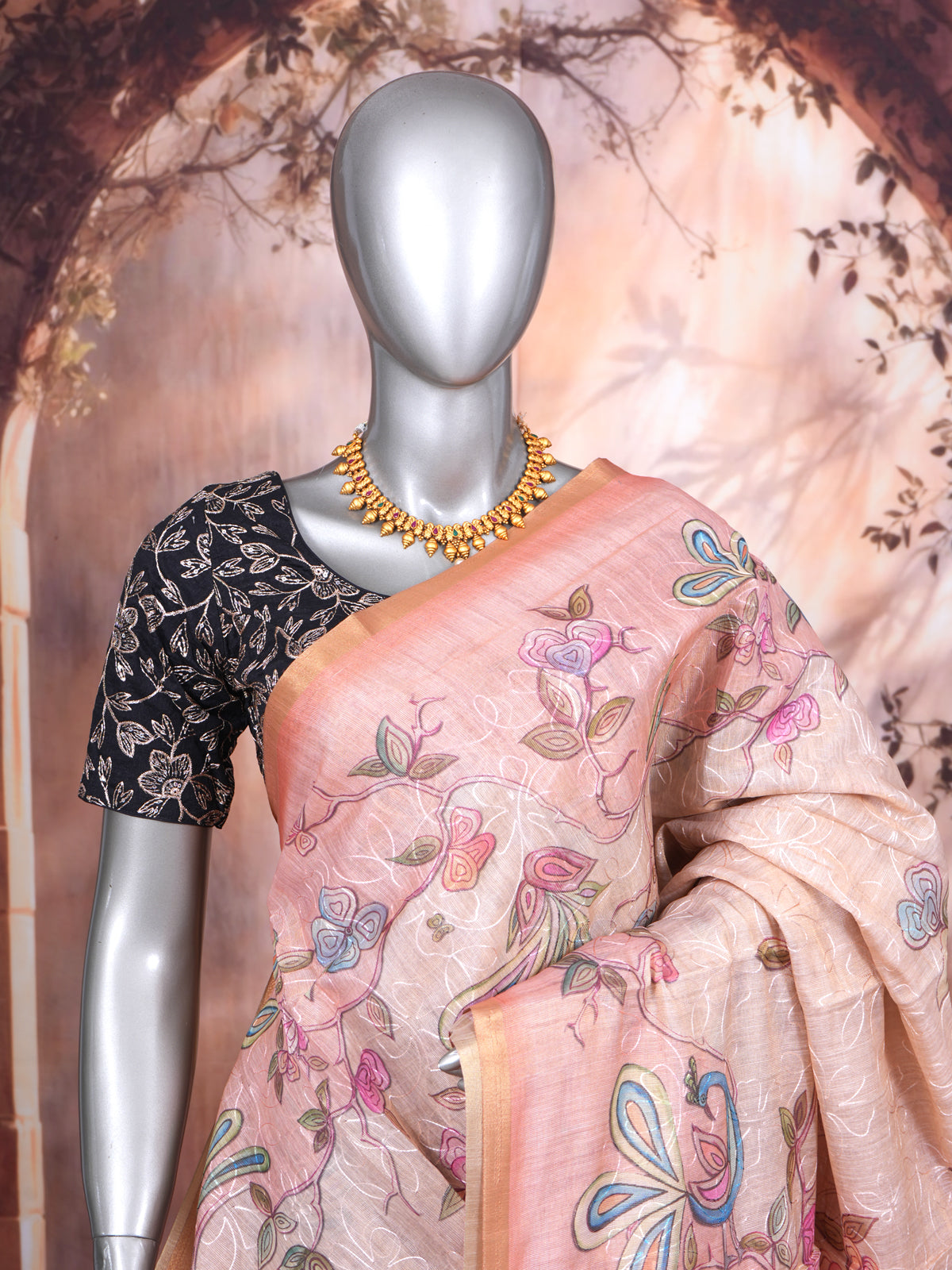 Light Beige with Peach Pallu - Linen Cotton Saree