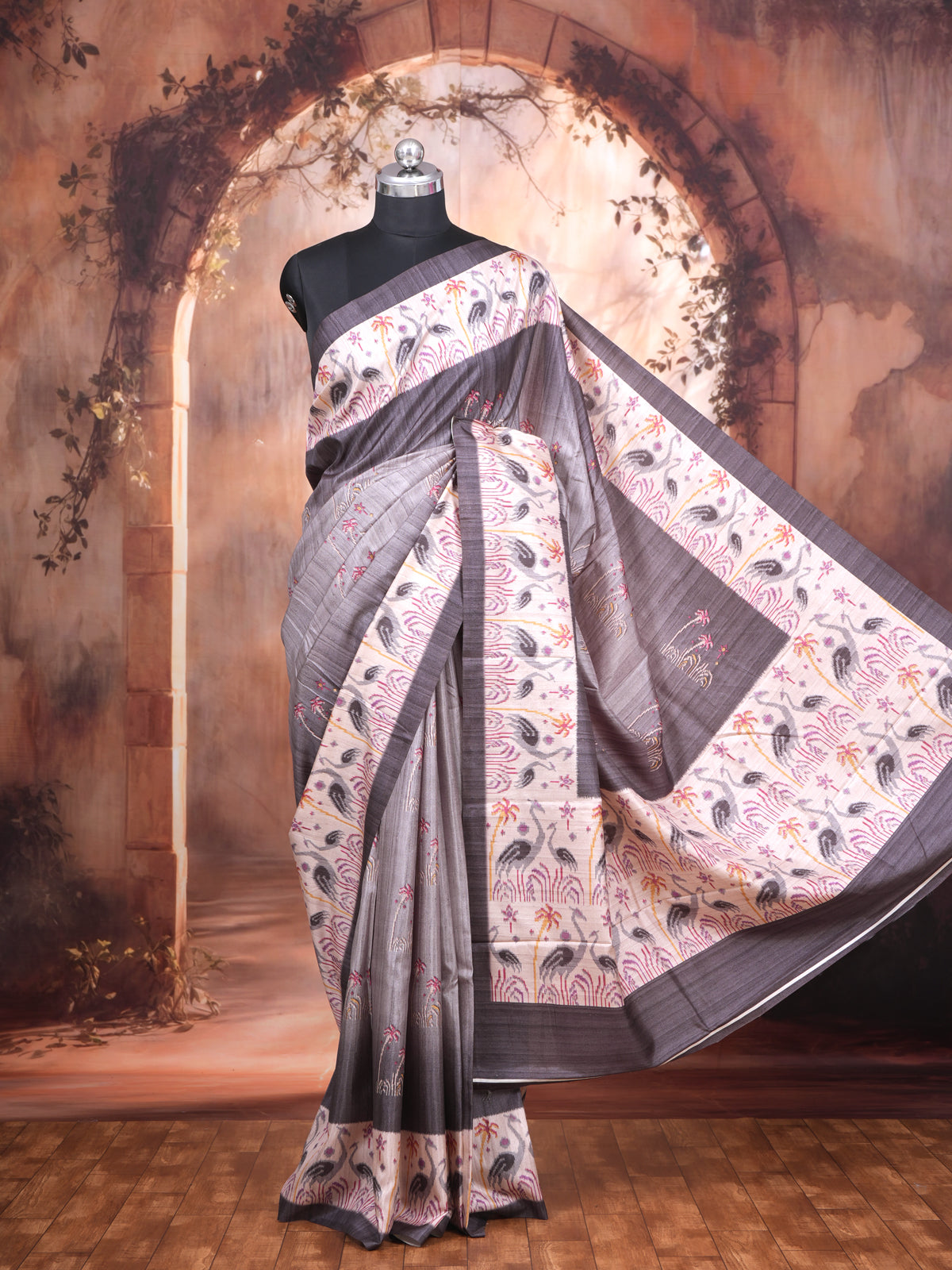 Steel Grey with Cream - Semi Tussar Saree