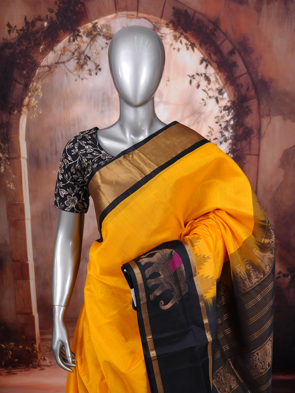 Vibrant Mustard Yellow and Black Pure Silk Cotton Handloom Saree