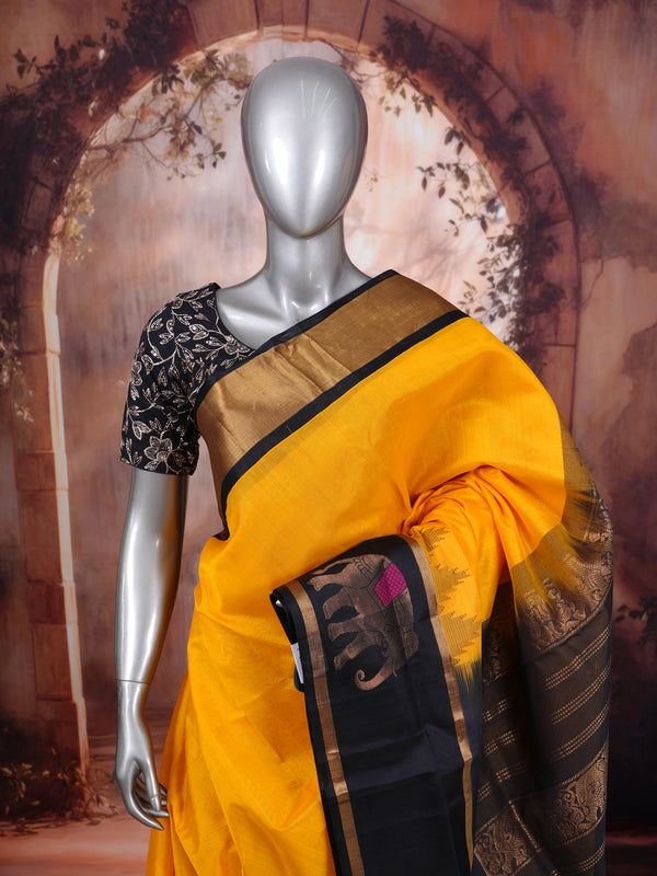Vibrant Mustard Yellow and Black Pure Silk Cotton Handloom Saree