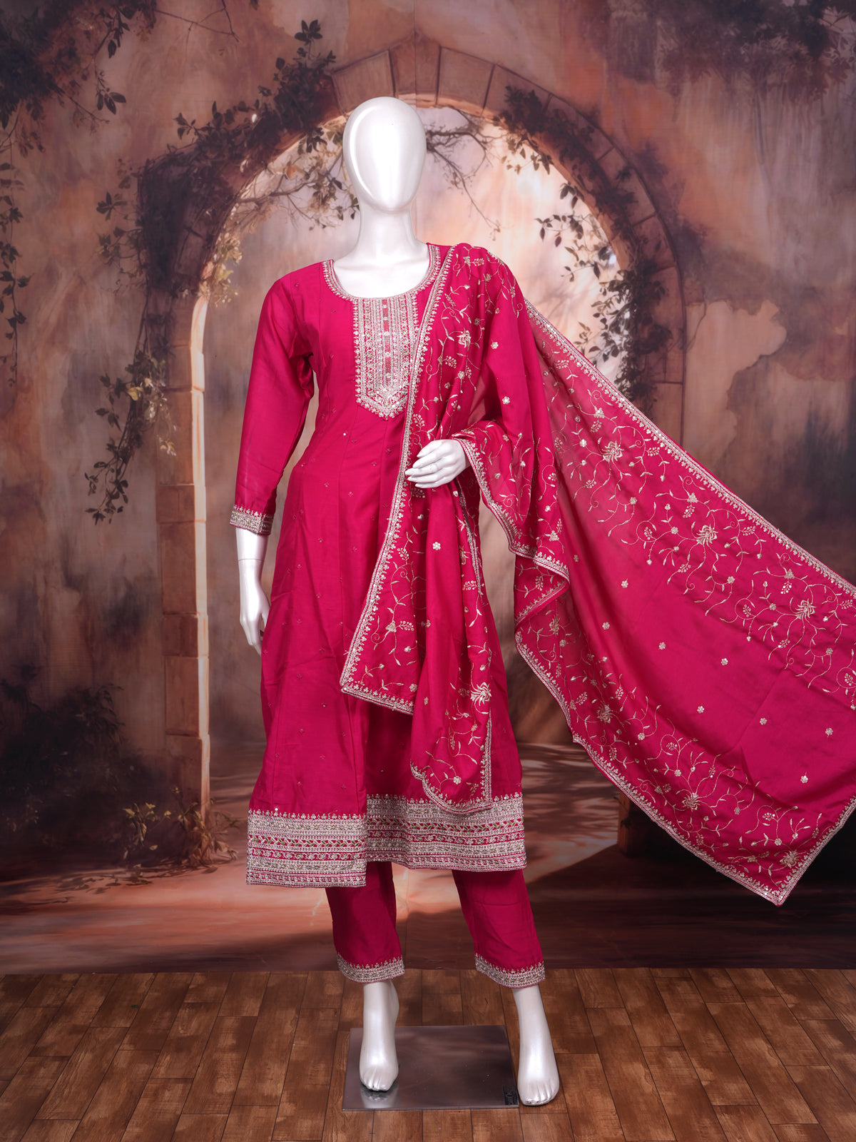 Magenta With Zari Pink  Dupatta Ready Made Salwar Suit