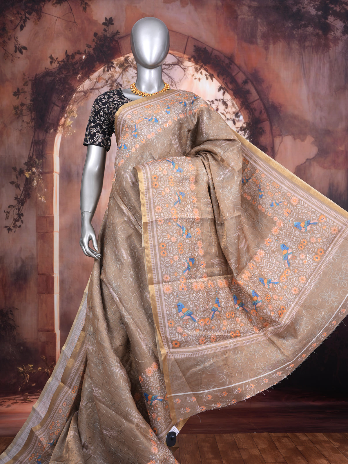 Beige with Multicolored Accents - Linen Cotton Saree