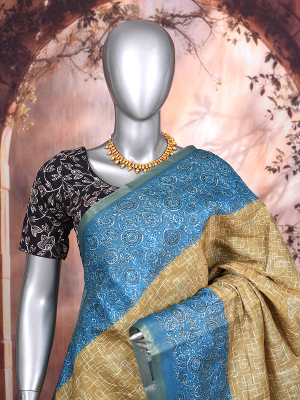 Mustard Yellow with Cerulean Blue - Linen Cotton Saree