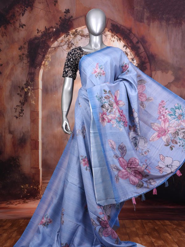 Powder Blue Floral Print with Multicolor Munthi Dola Silk Saree