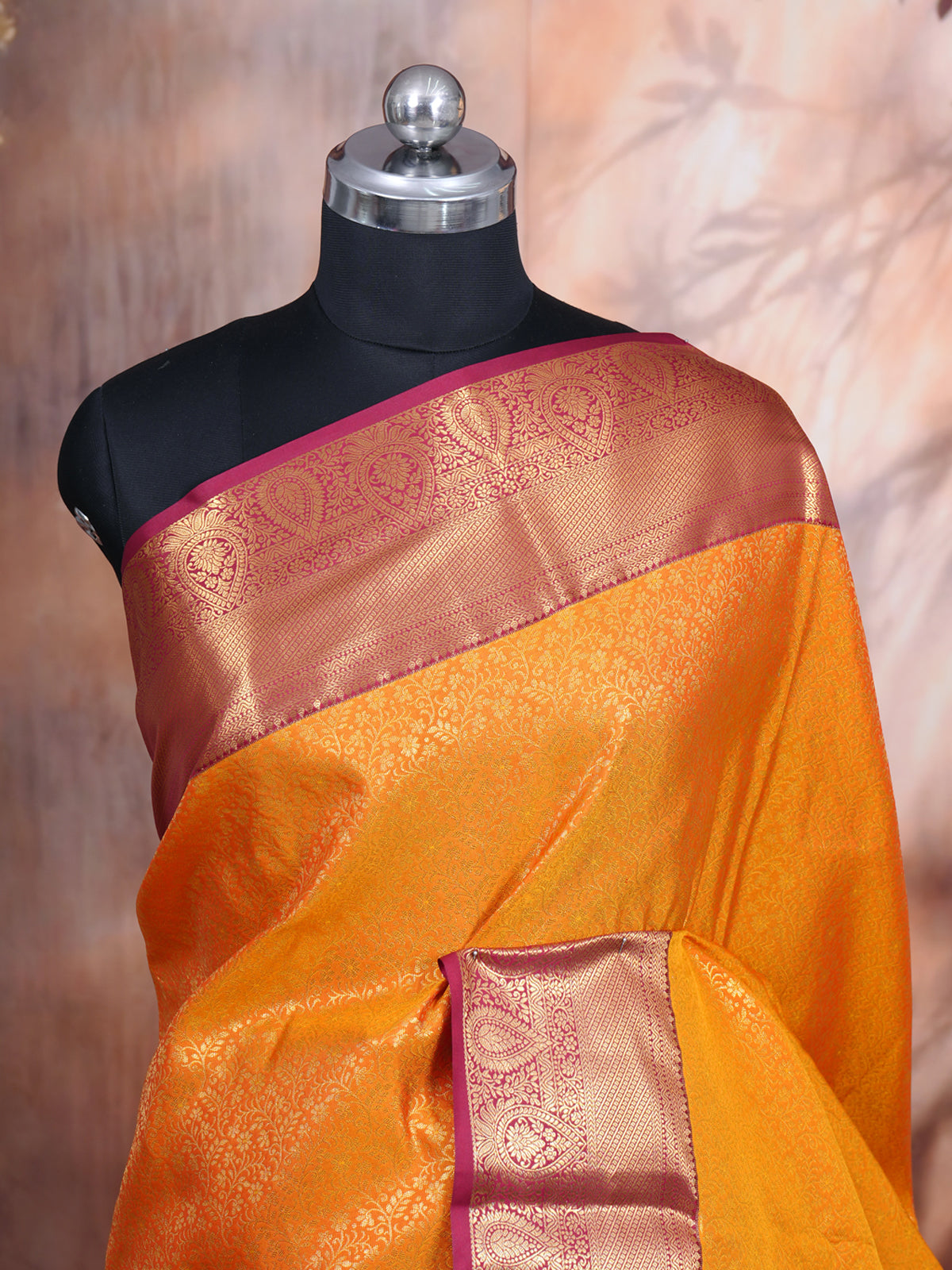 Vibrant Mustard and Maroon Kanchipuram Fancy Silk Saree