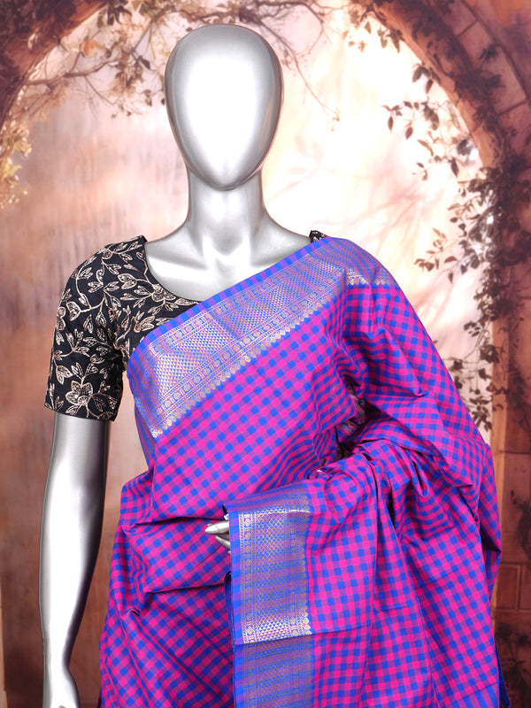 Magenta Pink and Royal Blue Chettinad Cotton Saree