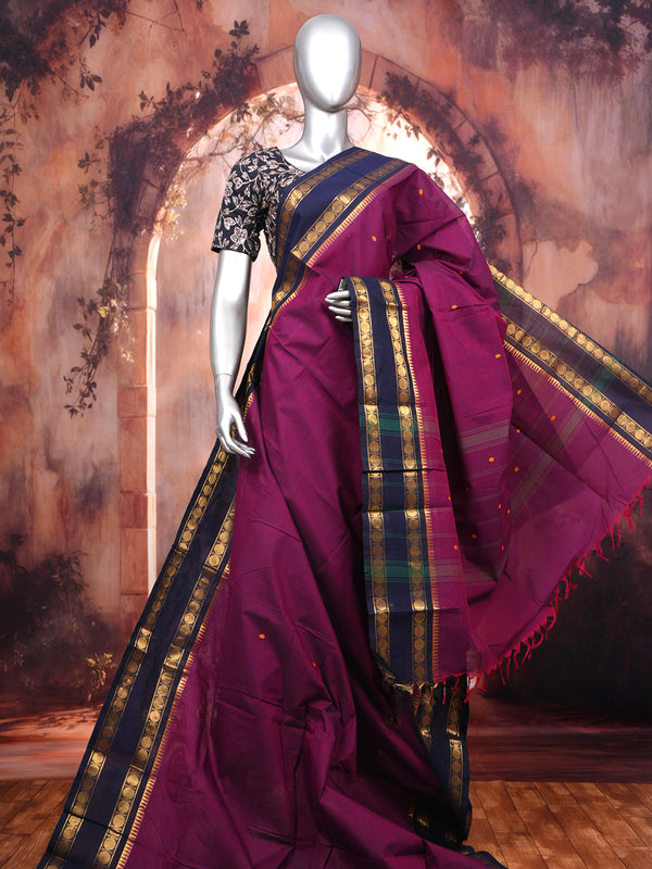 Magenta and Navy Blue Chettinad Cotton Saree