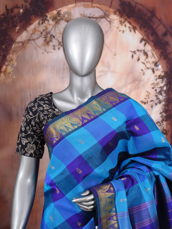 Royal Blue and Turquoise Pure Silk Cotton Saree with Checked Kattam Weave
