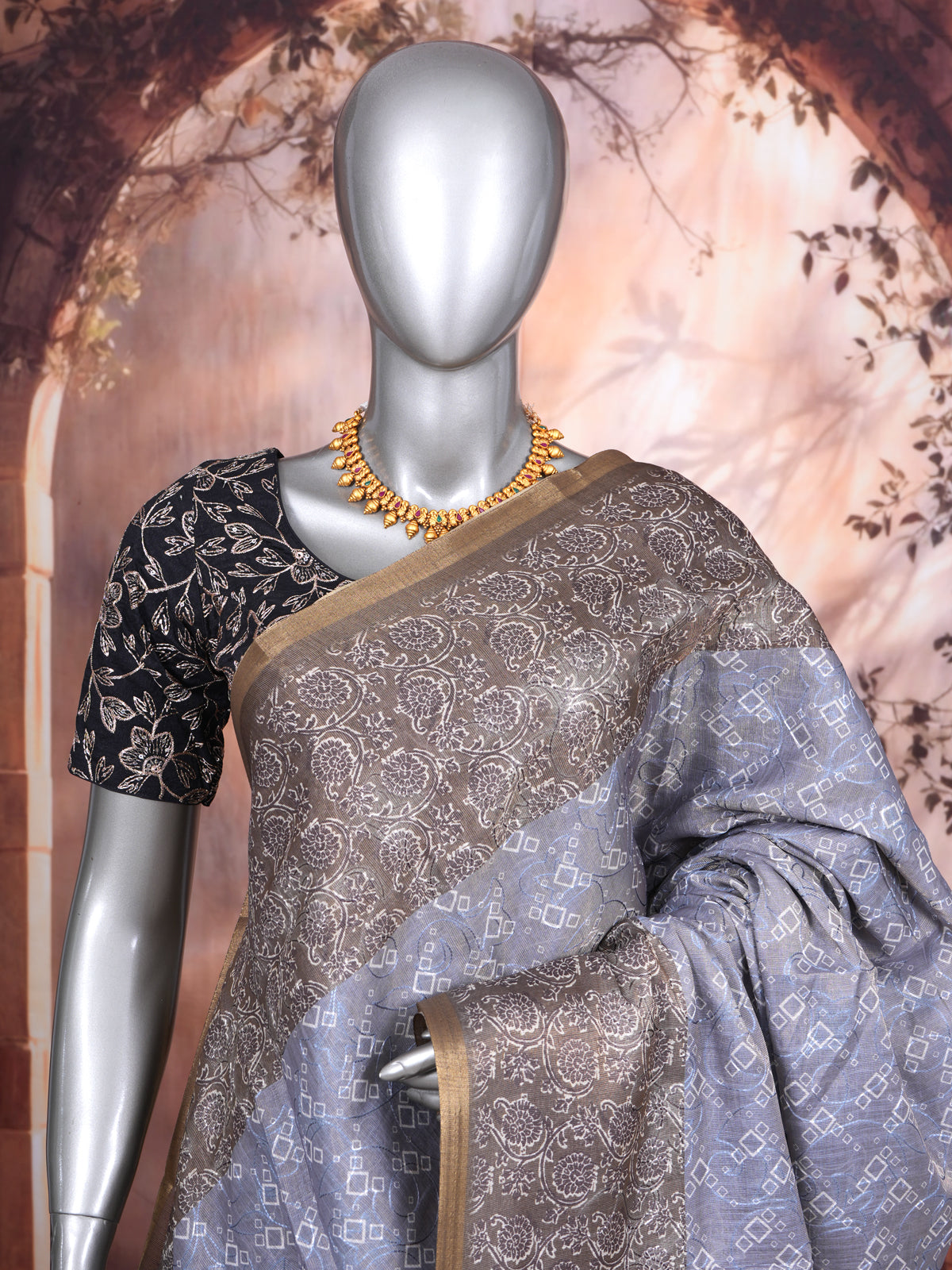 Ice Blue with Muted Bronze - Linen Cotton Saree