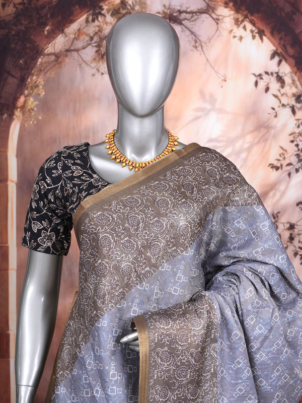 Ice Blue with Muted Bronze - Linen Cotton Saree