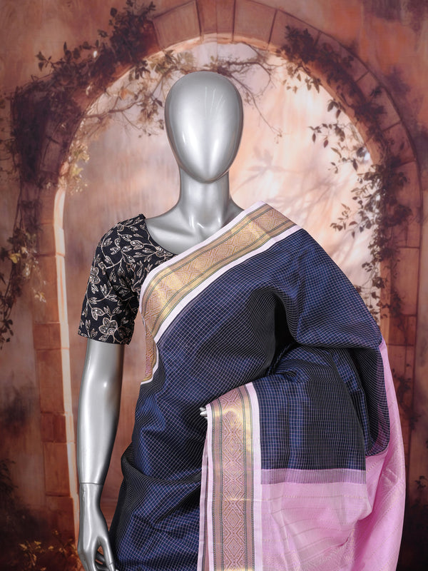 Elegant Navy Blue & Baby Pink Pure Silk Cotton Saree