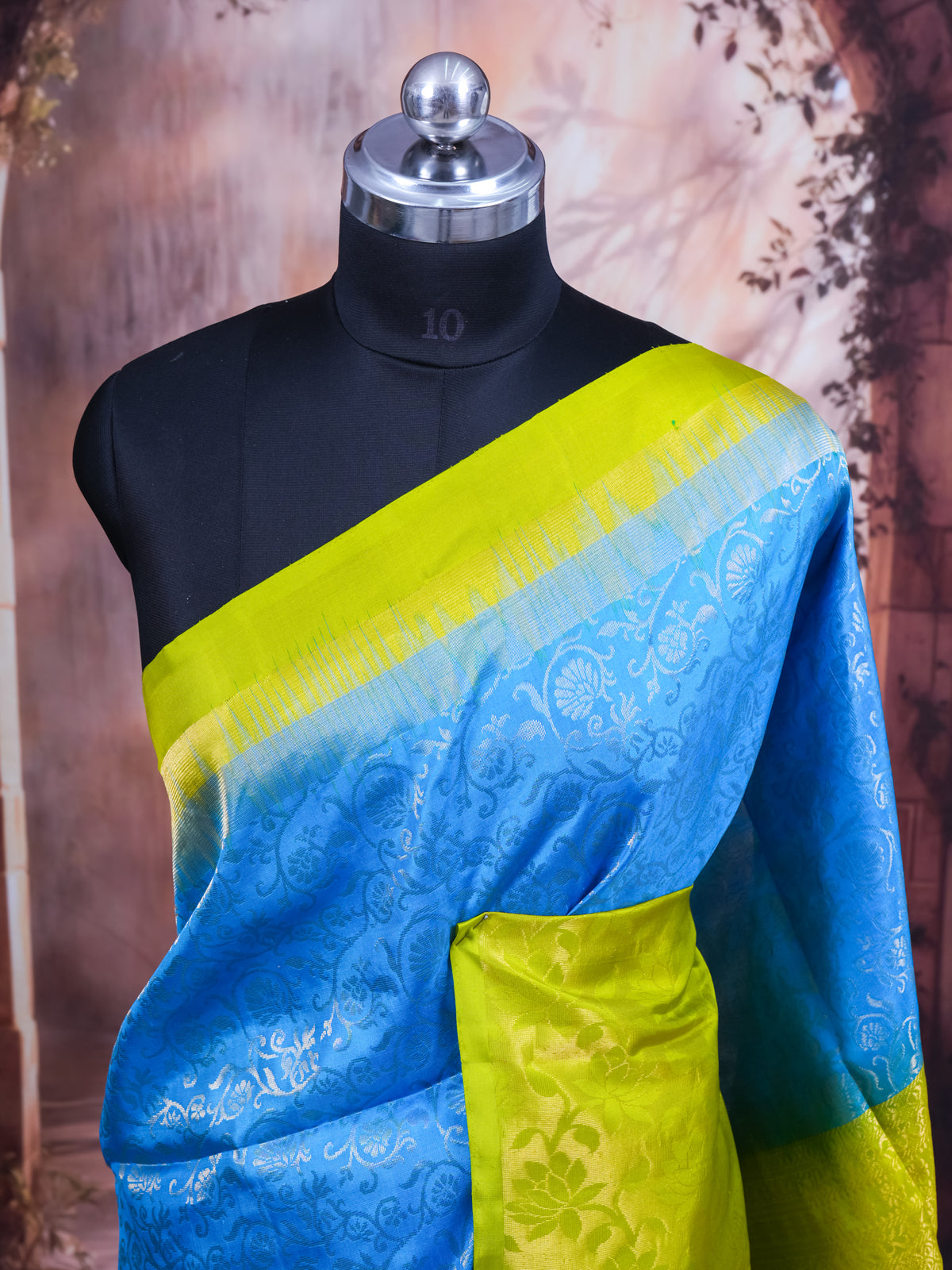 Vibrant Sky Blue & Lime Green Kanchipuram Style Silk Saree