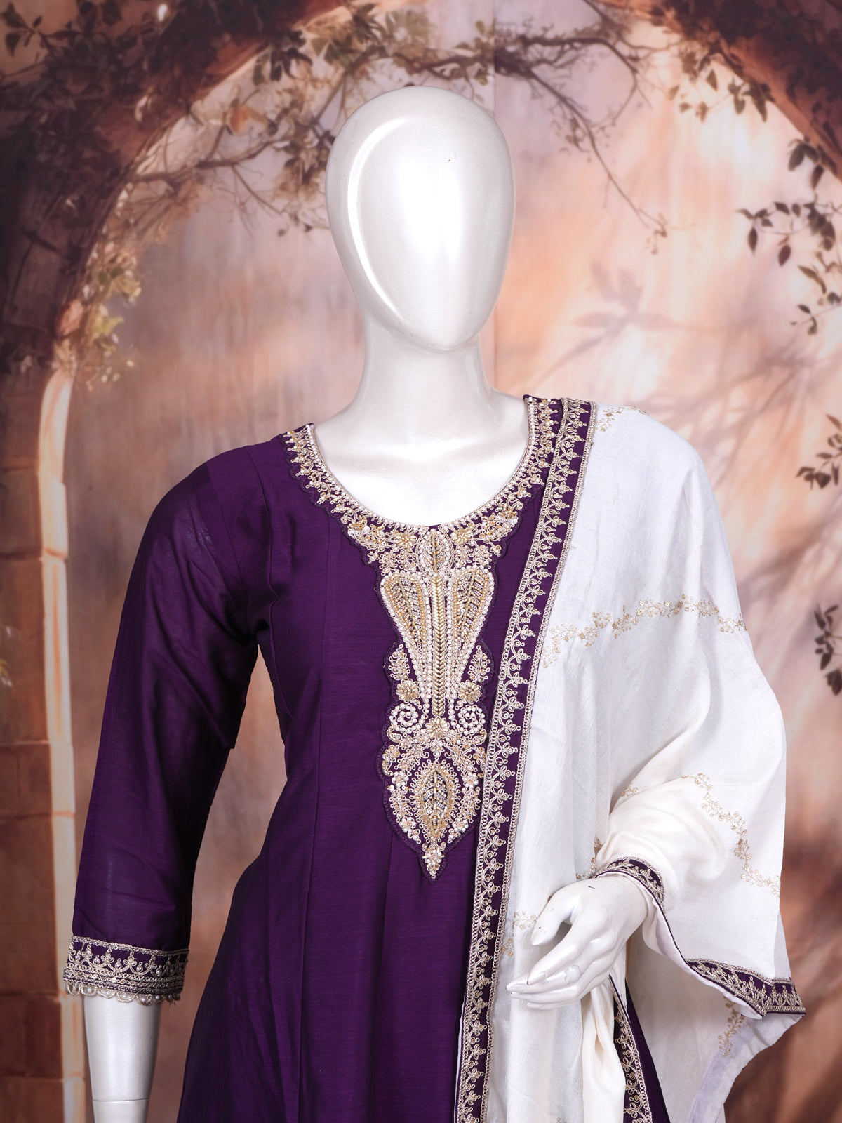 Deep Purple with Off-White Dupatta Ready Made Salwar Suit