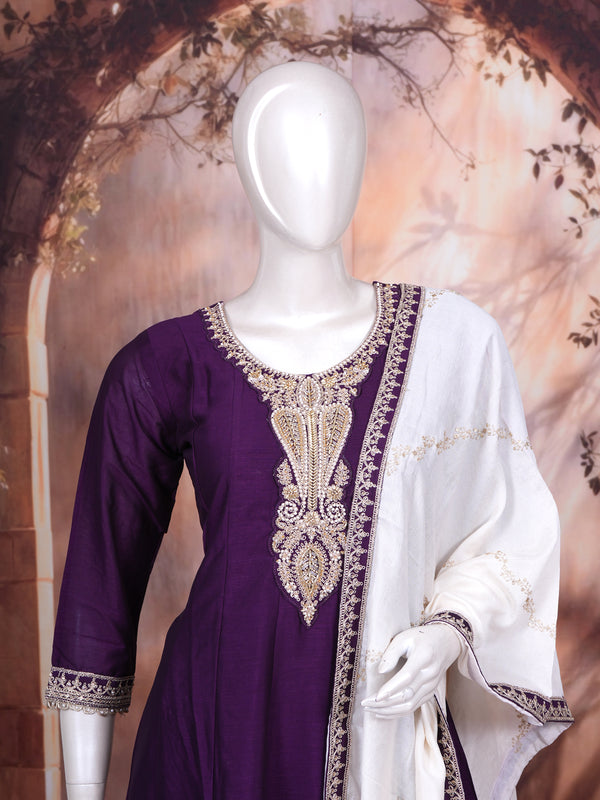 Deep Purple with Off-White Dupatta Ready Made Salwar Suit