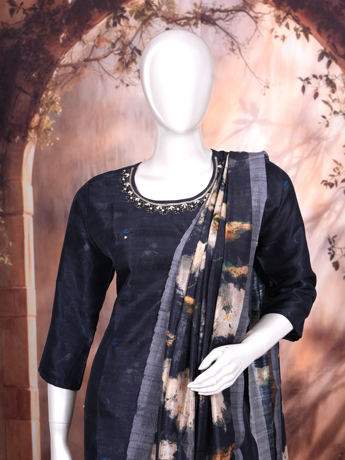 Navy Blue with Multicolor Floral Dupatta Ready Made Salwar Suit