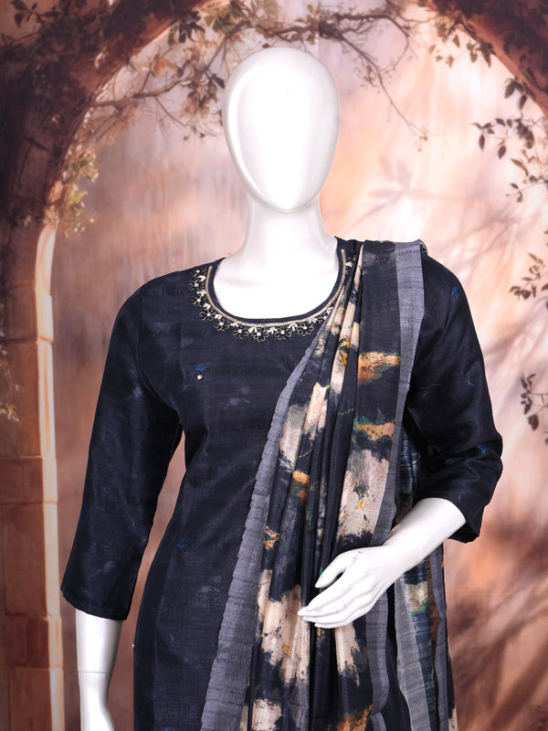 Navy Blue with Multicolor Floral Dupatta Ready Made Salwar Suit