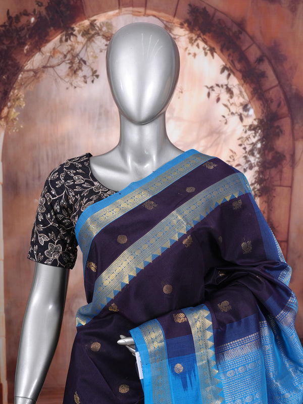 Elegant Deep Violet and Turquoise Blue pure Silk cotton Saree