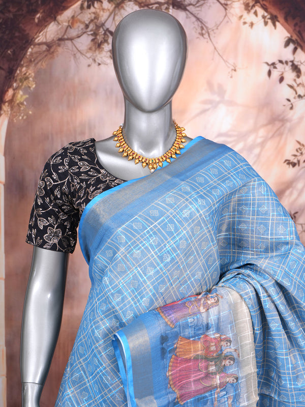 Sky Blue with Silver - Linen Cotton Saree