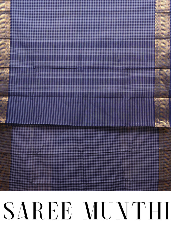 Blue and Grey Checked Chettinad Cotton Saree