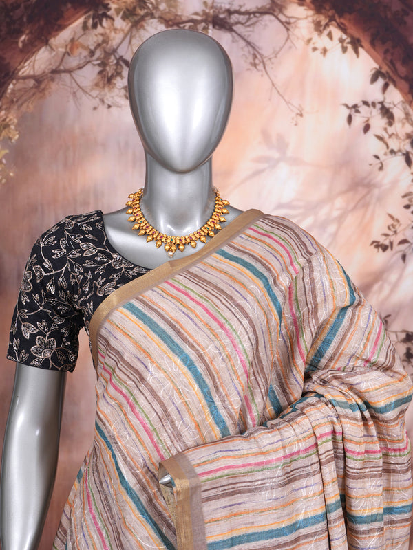 Beige and Multicolor Stripes with Floral Pallu - Linen Cotton Saree