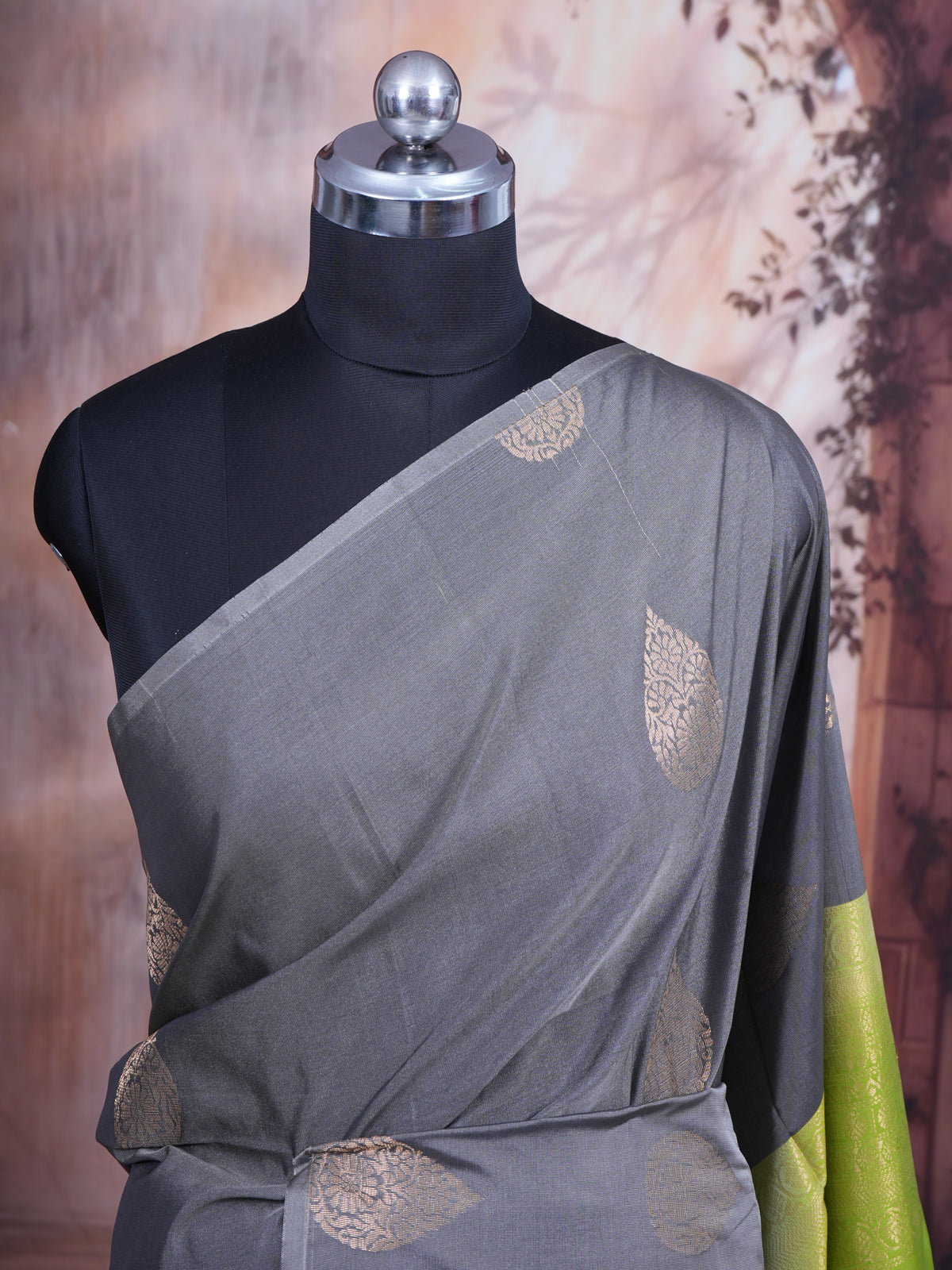 Steel Grey With Green Semi Silk Saree