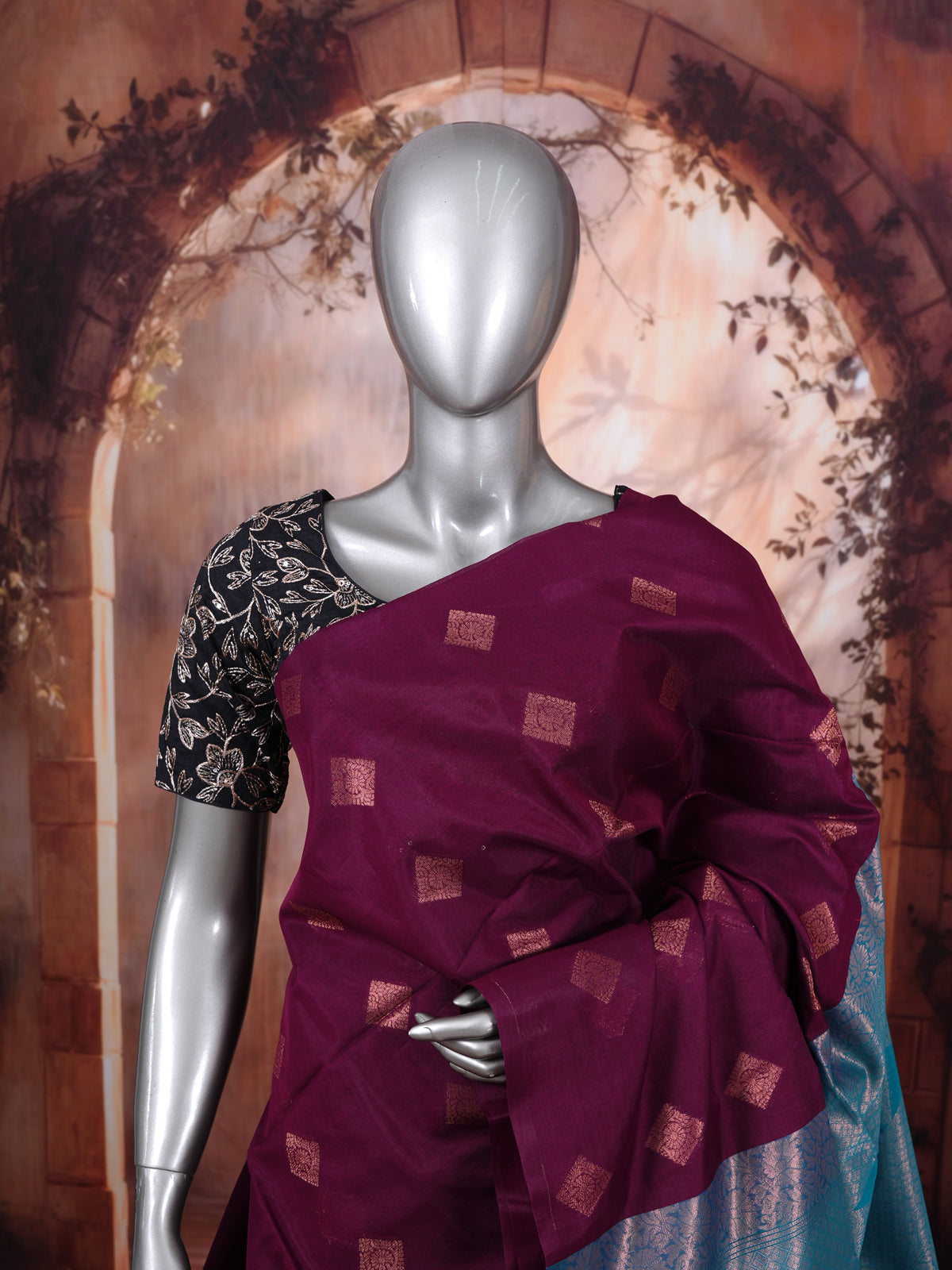 Pure Silk Cotton Saree in Deep Wine and Cyan Blue Zari Weave