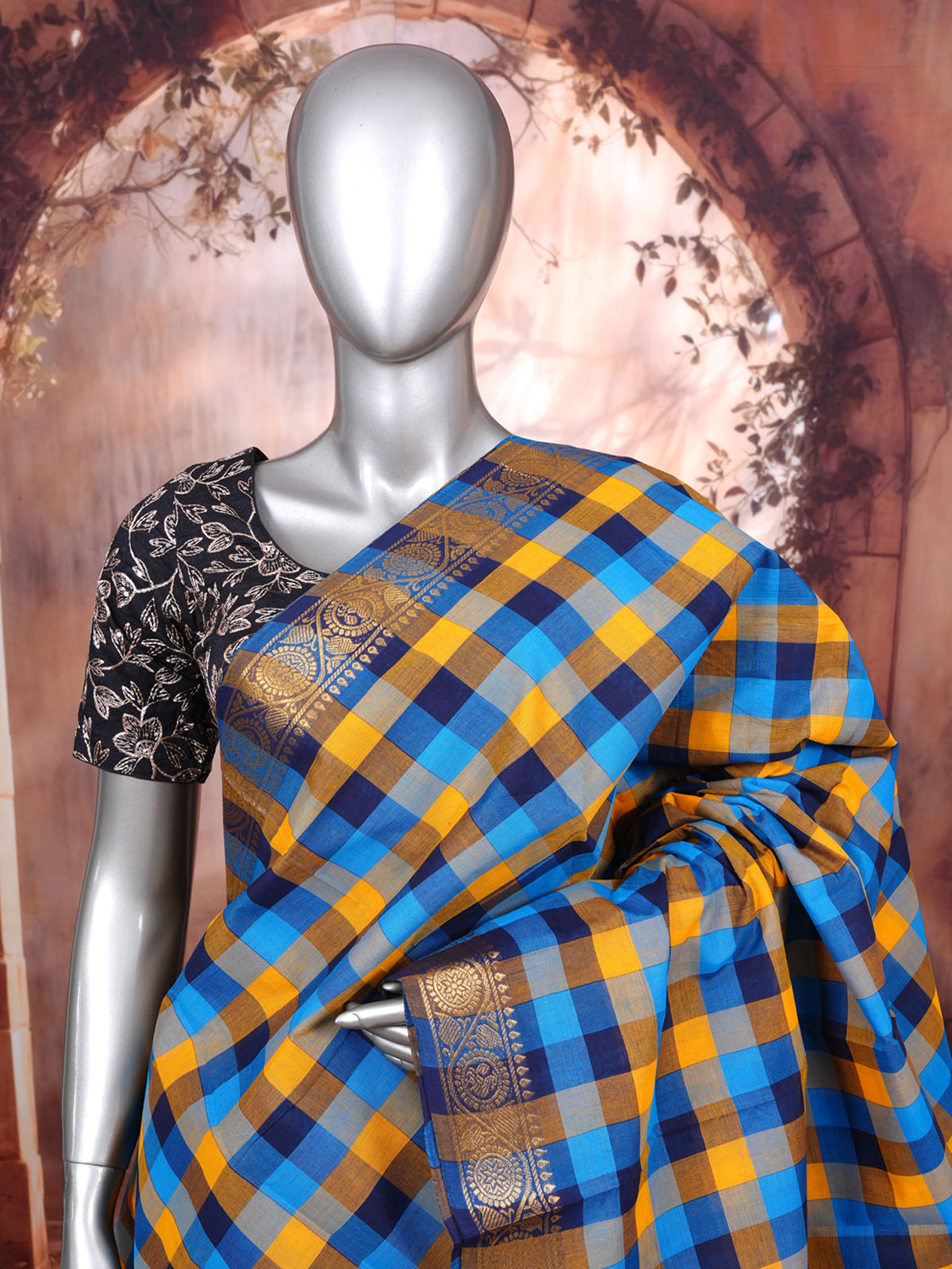 Blue and Yellow with Ink Blue Munthi Chettinad Cotton Saree