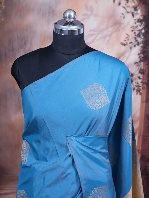 Blue Semi With Sandal Silk Saree