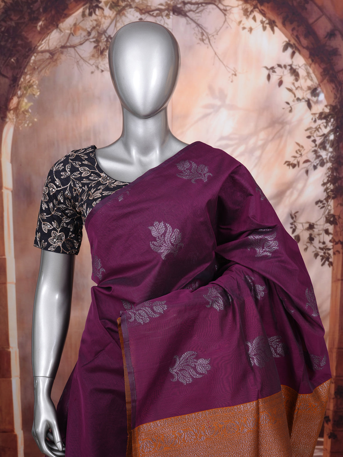 Wine Purple and Mustard-Orange Silk Cotton Saree