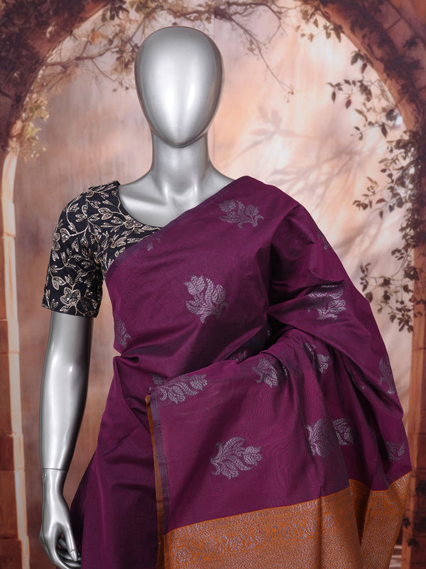 Wine Purple and Mustard-Orange Silk Cotton Saree